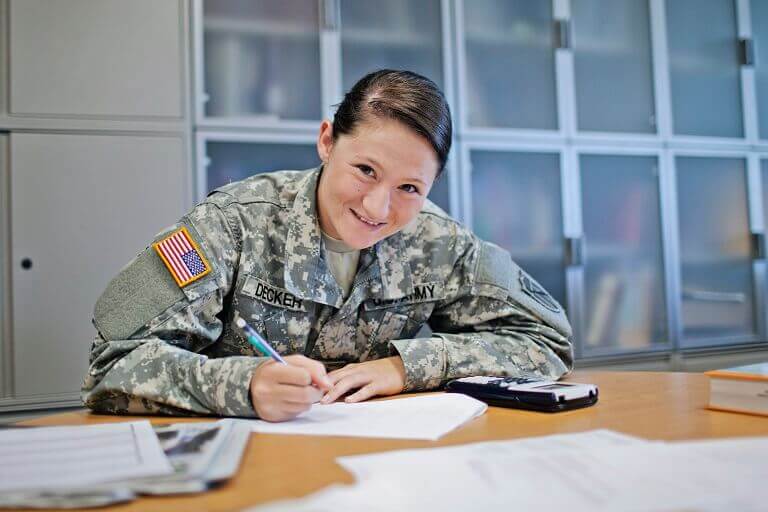 Female soldier sitting at table
