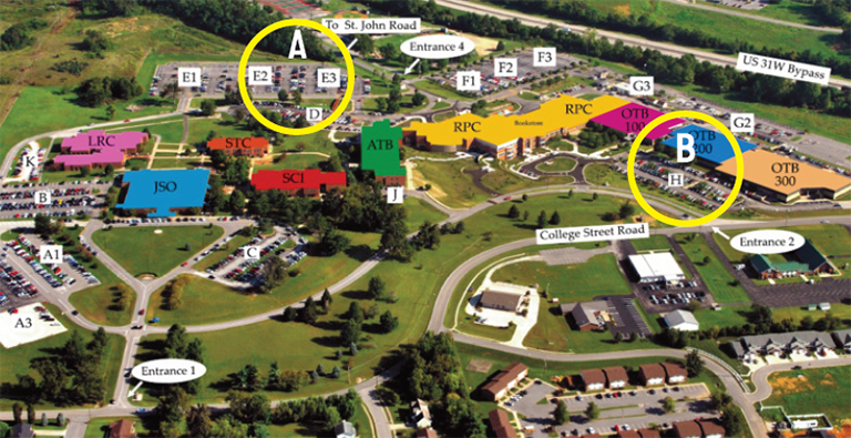A and B parking lots shown in yellow circle on the map