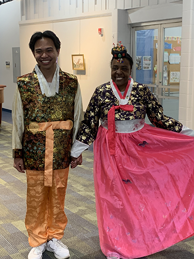 man and woman with Japan outfit