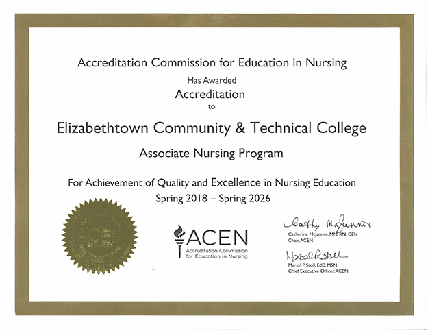 ECTC Accreditation Commission for Education in Nursing certificate.