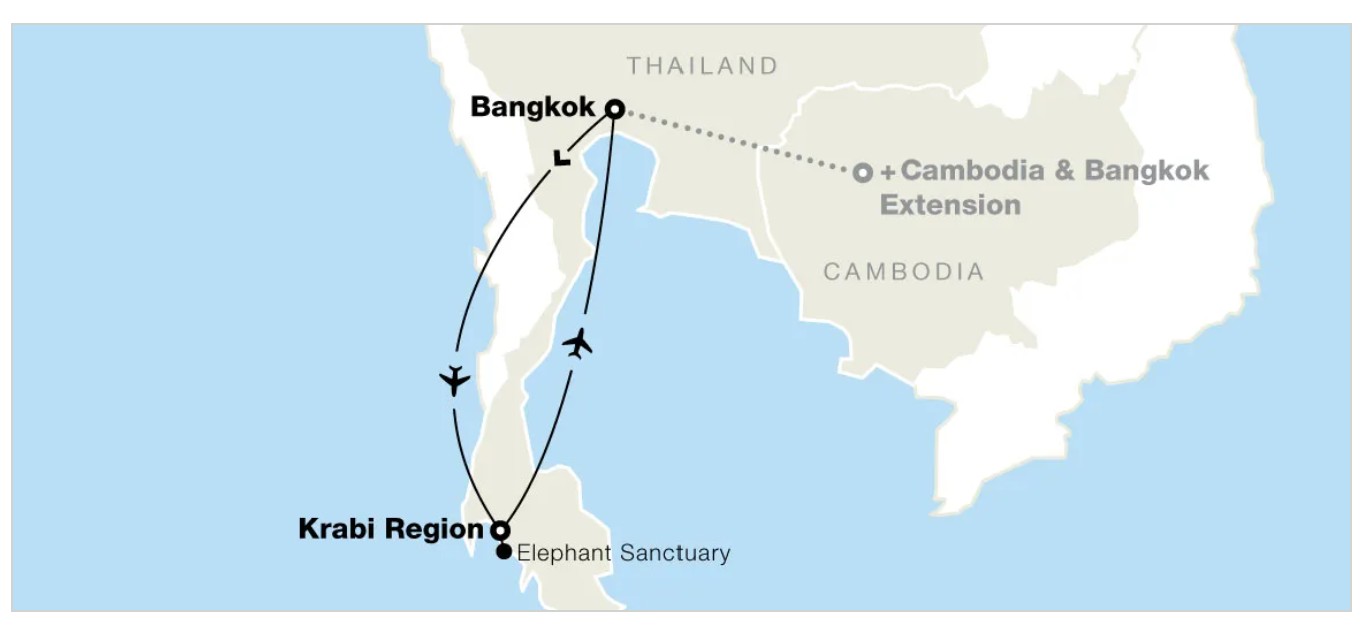 Map showing the trip: arrive in Bangkok, then go to Krabi Region, go to an Elephant Sanctuary, then fly back to Bangkok, then either fly home or go to the Cambodia & Bangkok extension and then go home