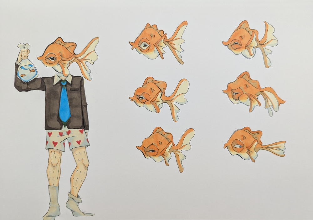 cartoon drawings by Brianne Anderson of a fish person