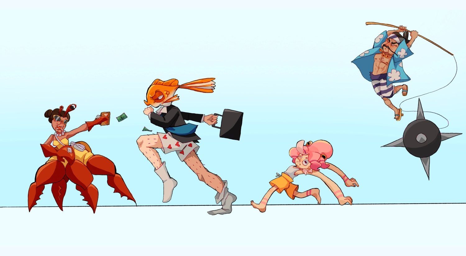 cartoon drawing by Brianne Anderson of a lineup of characters: woman with lobster legs, fish person, person with an octopus as a hat, and a sushi chef