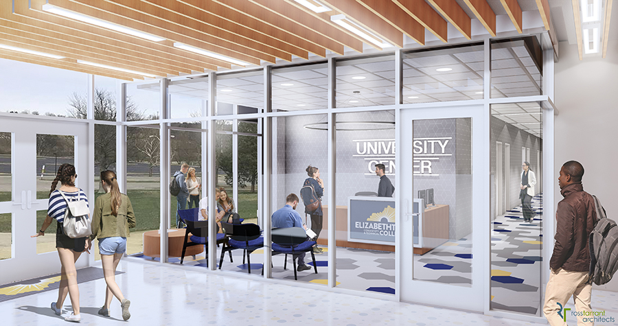 rendition of future University Center from hallway perspective