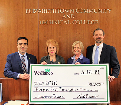 WesBanco leadership with ECTC President, Dr. Pate, holding a huge donation check
