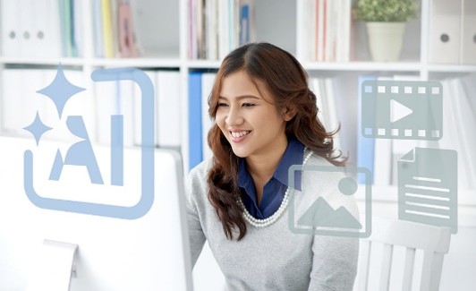 Person smiling while using a computer with transparent AI, video, image, and document icons overlaid, representing artificial intelligence and digital content creation.